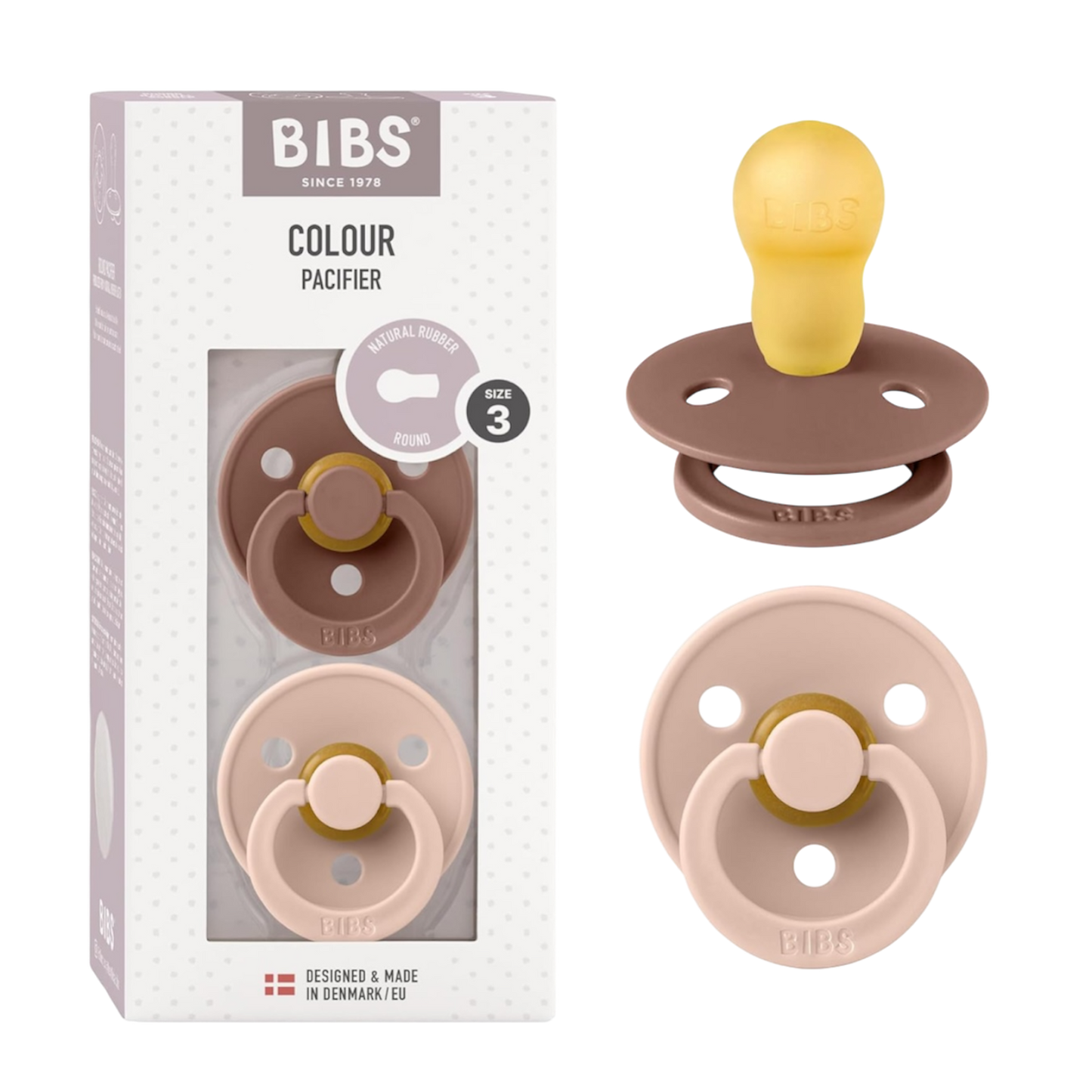 Size 3 Bibs Colour Rubber Pacifier 2 Pack- Woodchuck/ Blush