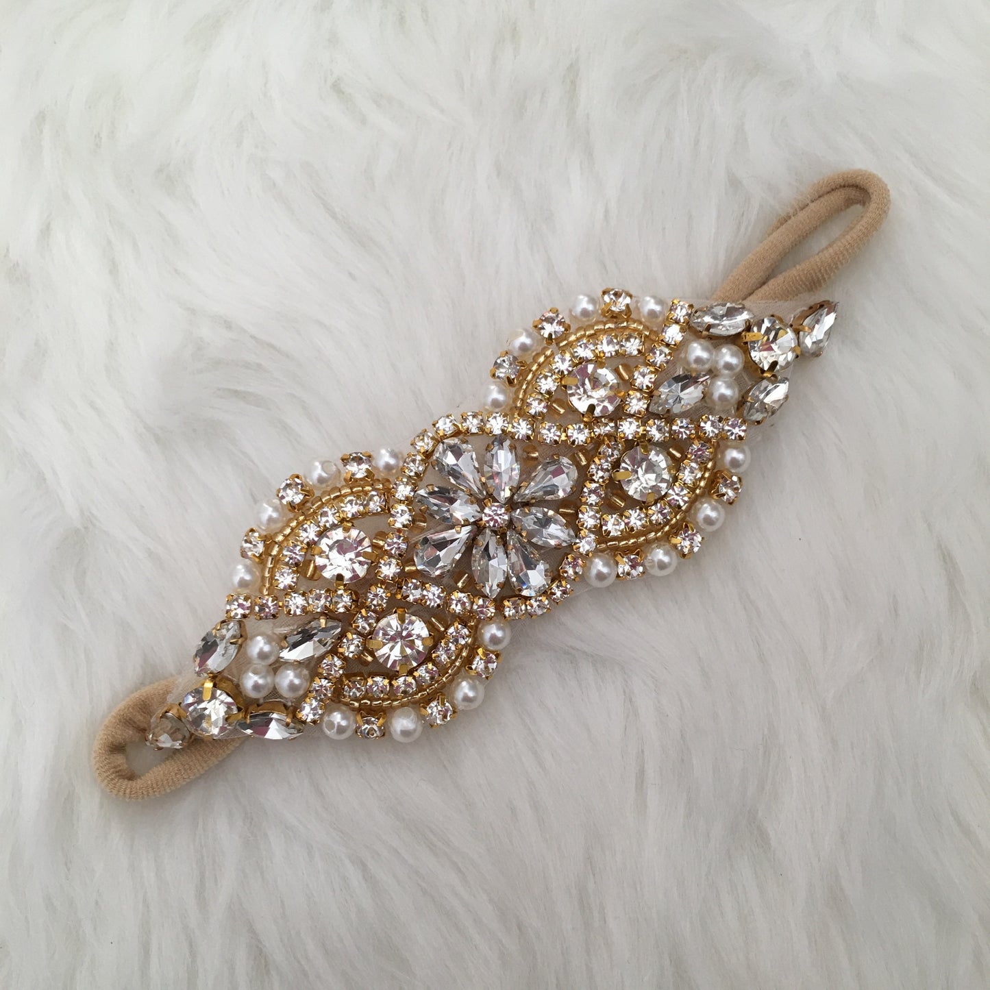 Gold Medium Pearl & Crystal Jeweled Headband