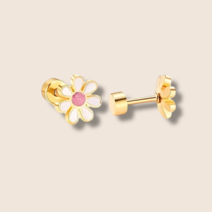 Gold Enamel Flower Screw Back Studs