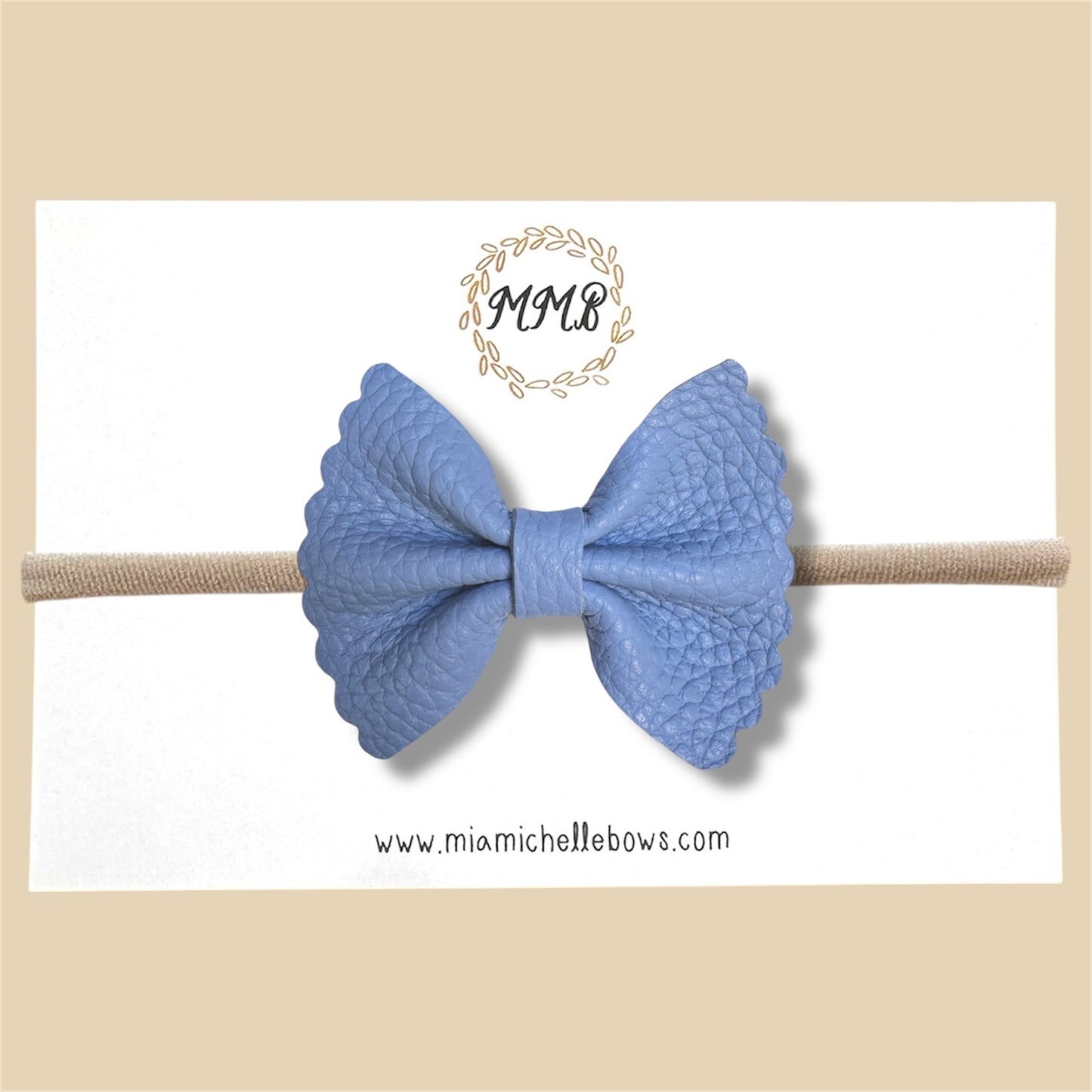 Steel Blue Scalloped Pebbled Genuine Leather Bow