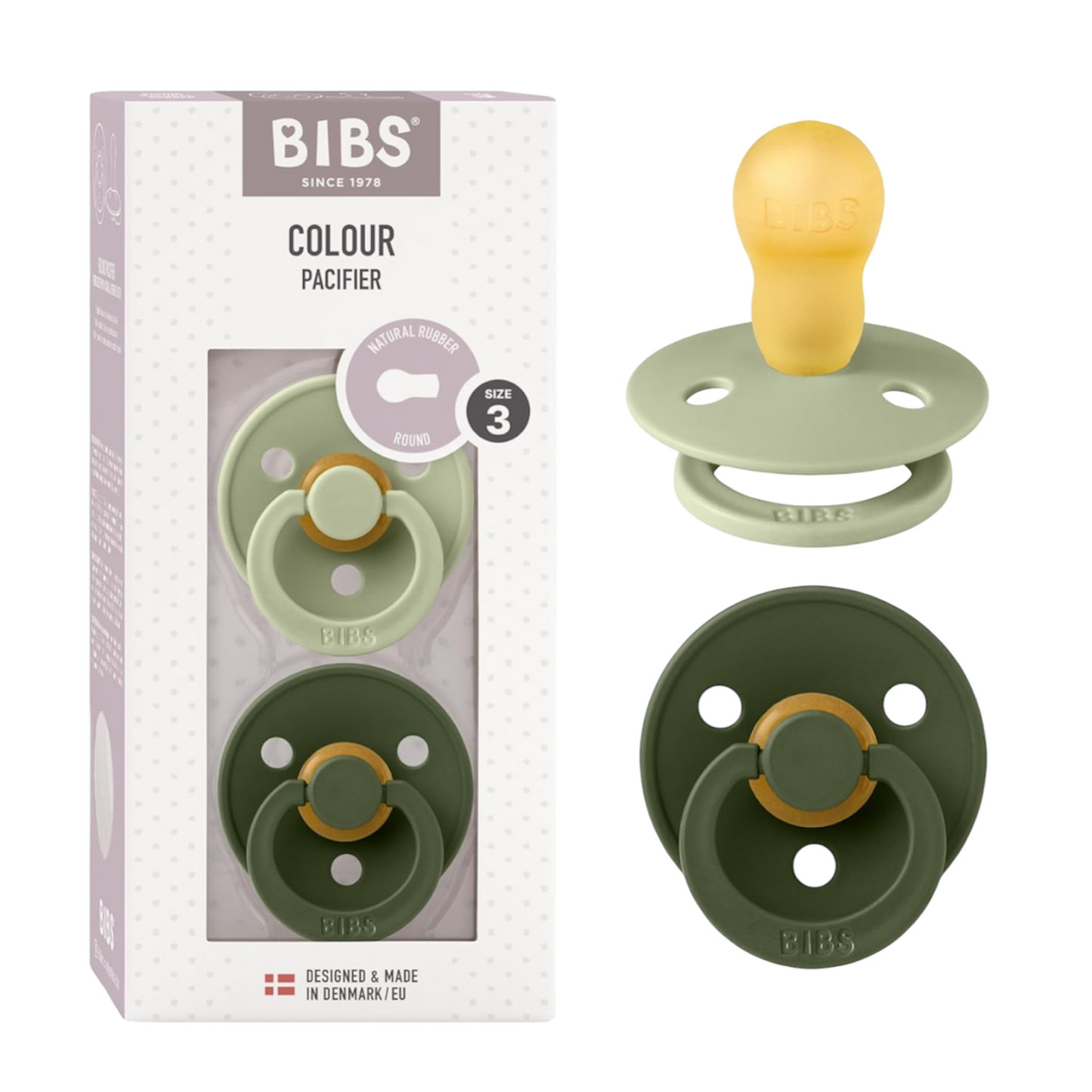 Size 3 Bibs Colour Rubber Pacifier 2 Pack- Sage/ Hunter Green