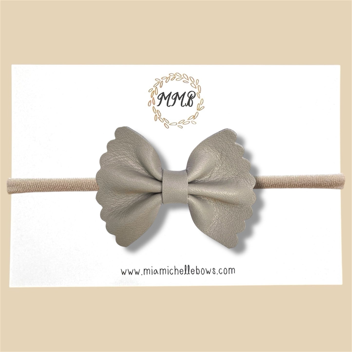 Taupe Scalloped Genuine Leather Bow