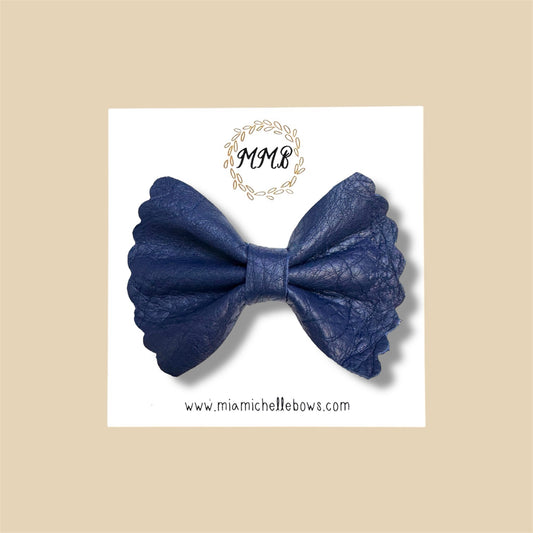 Dark Navy Blue Scalloped Pebbled Genuine Leather Bow