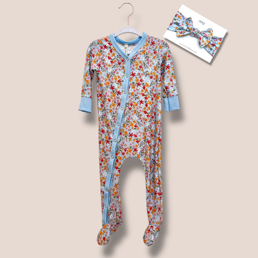 Handmade Blue Floral Snap Sleeper & Bow Set