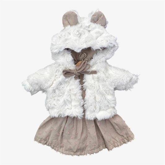 Doll—Paola Reina Swiss Dot Dress and Fur Teddy Bear Ear Jacket
