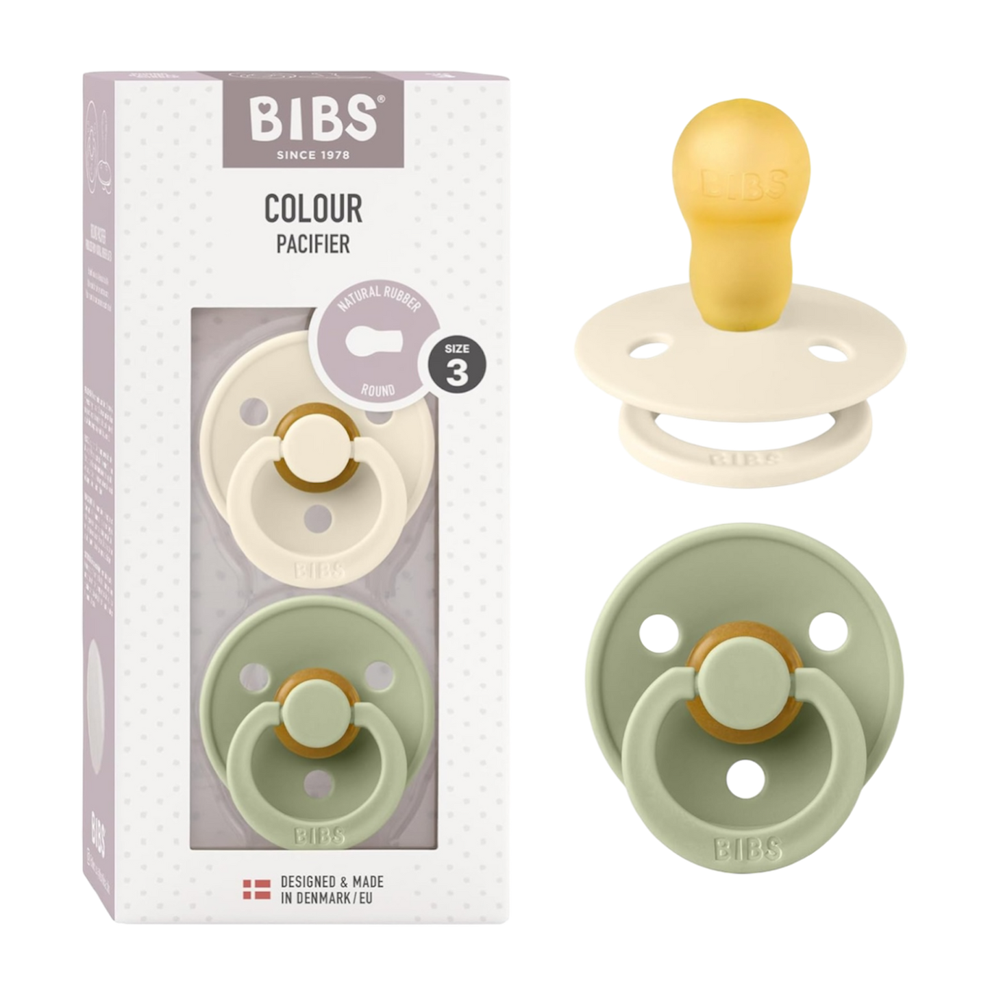 Size 3 Bibs Colour Rubber Pacifier 2 Pack- Ivory/ Sage
