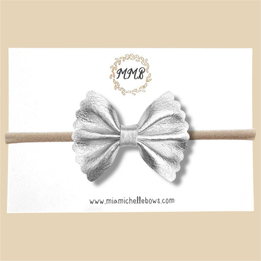 Silver Scalloped Genuine Leather Bow
