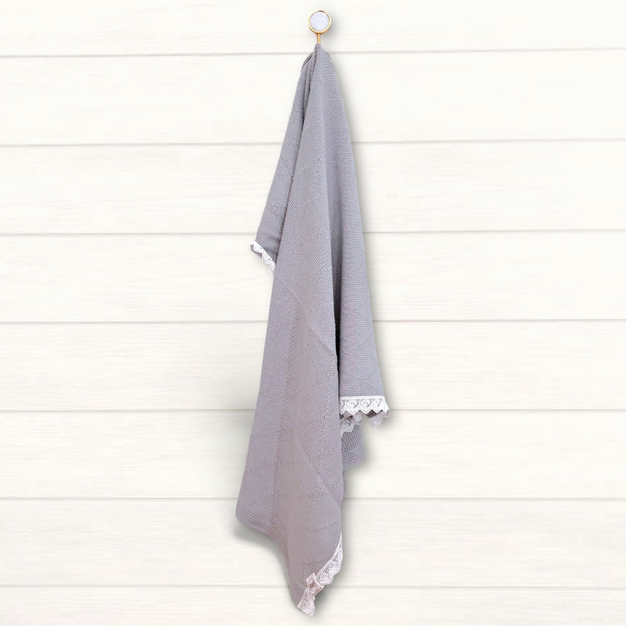 Gray Knit Baby Blanket with Lace Trim