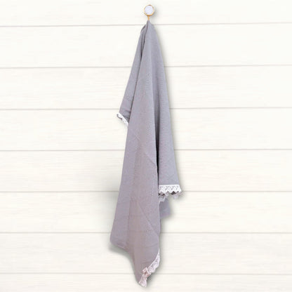 Gray Knit Baby Blanket with Lace Trim