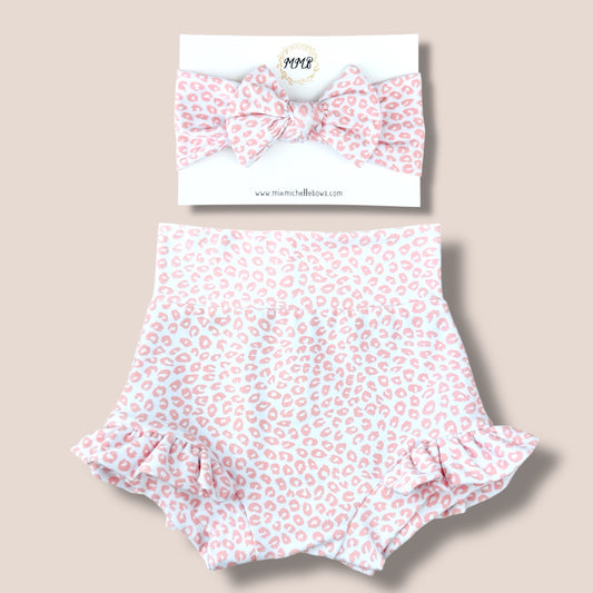 Handmade Blush Cheetah High Waisted Bummies & matching Bow Set