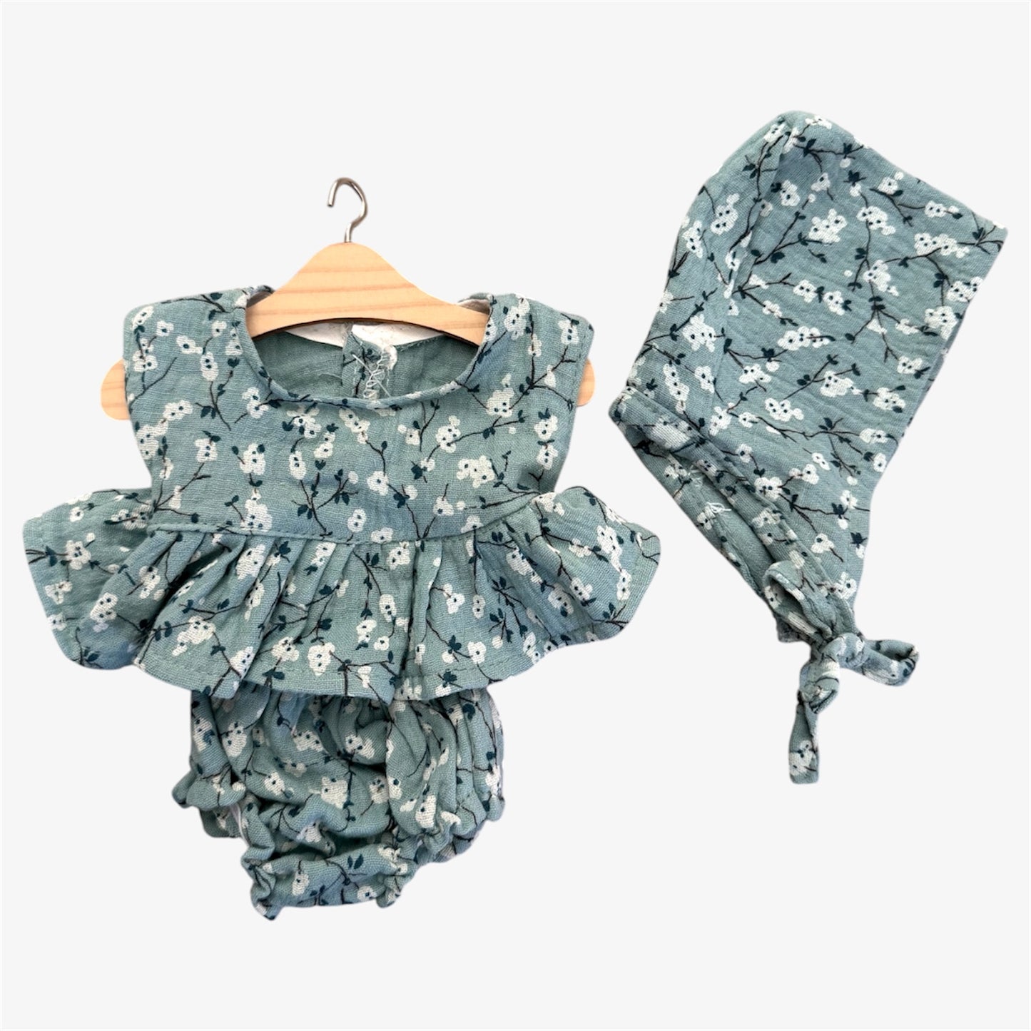 Doll—Paola Reina Turquoise Floral Peplum, Bloomers & Bonnet Set