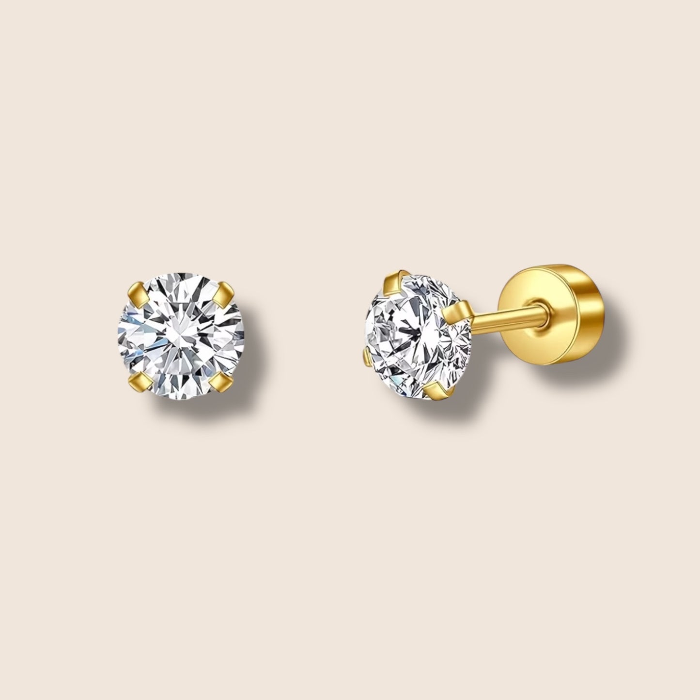 Gold Round CZ Flat Screw Back Studs