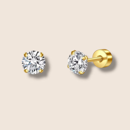 Gold Round CZ Flat Screw Back Studs