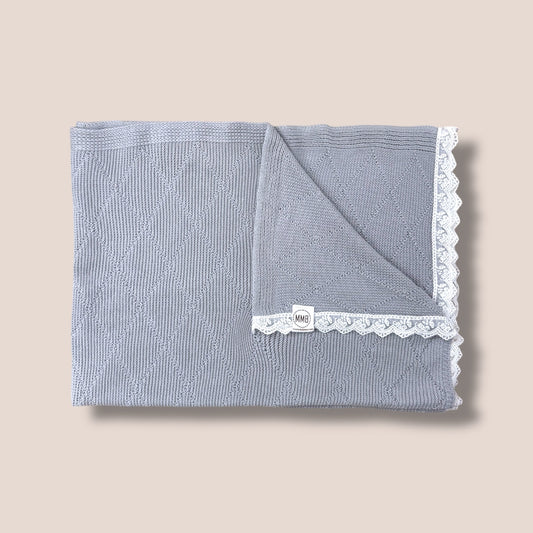 Gray Knit Baby Blanket with Lace Trim