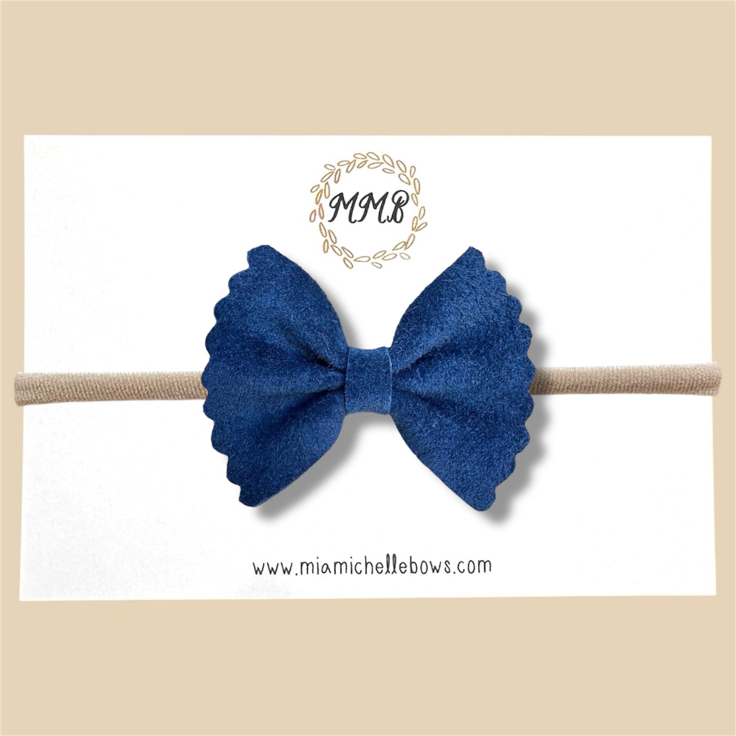 Navy Blue Suede Scalloped Genuine Leather Bow