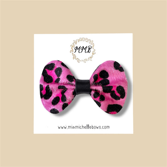 Pink Furry Leopard Vegan Leather Bow