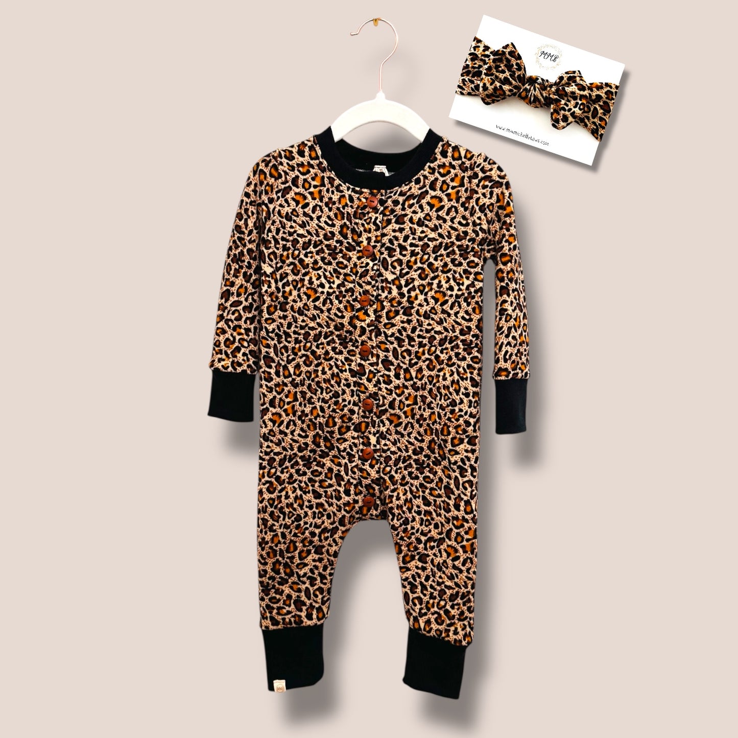 Handmade Cheetah Button Down Sleeper with Matching Bow 18m