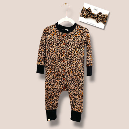 Handmade Cheetah Button Down Sleeper with Matching Bow 18m