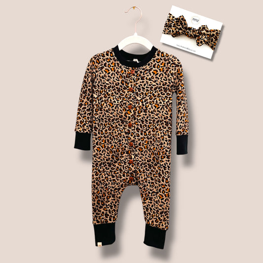 Handmade Cheetah Button Down Sleeper with Matching Bow 18m