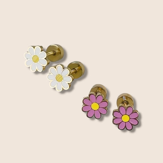 Gold Enamel Flower Screw Back Studs