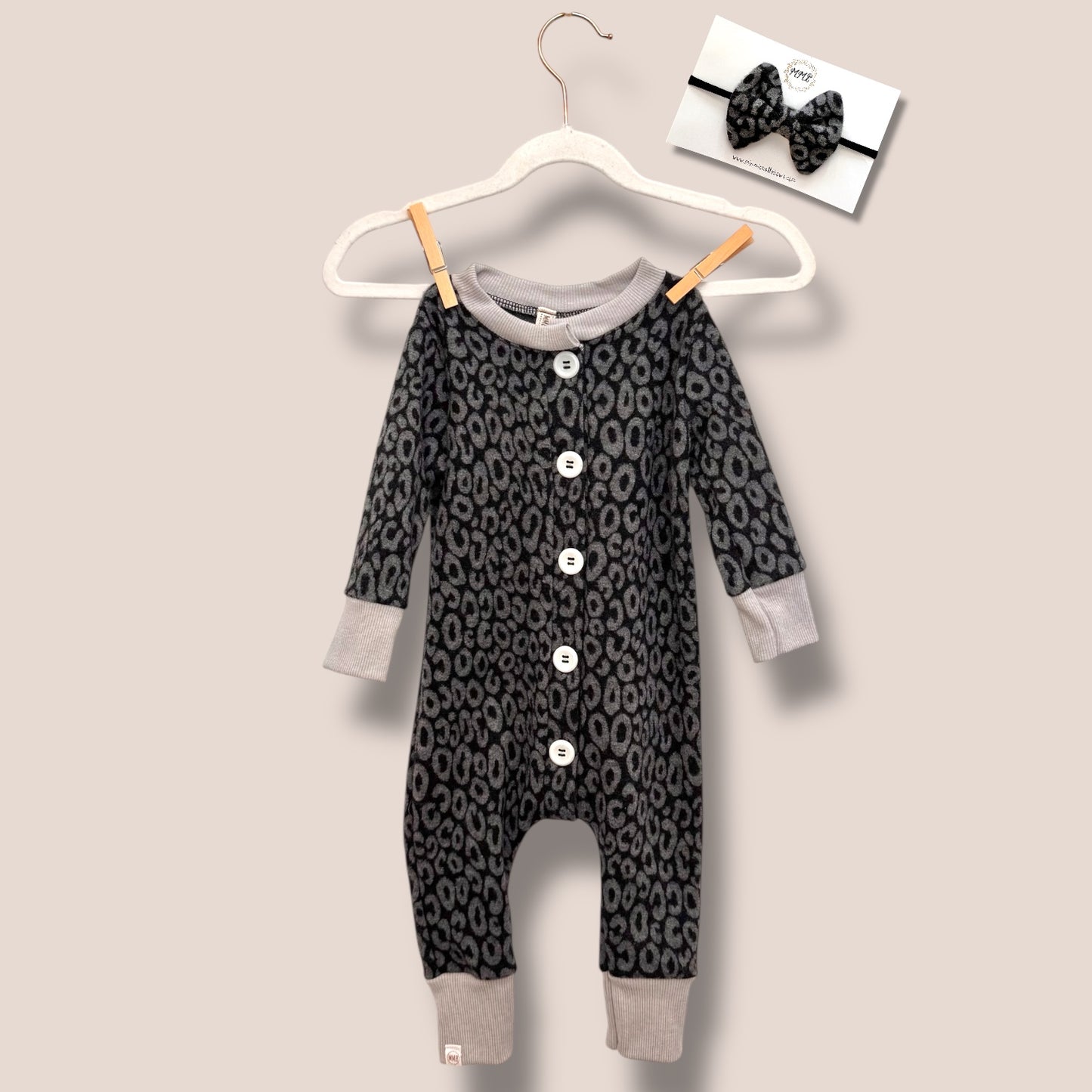 Handmade Gray Cheetah Button Down Sleeper with Matching Bow