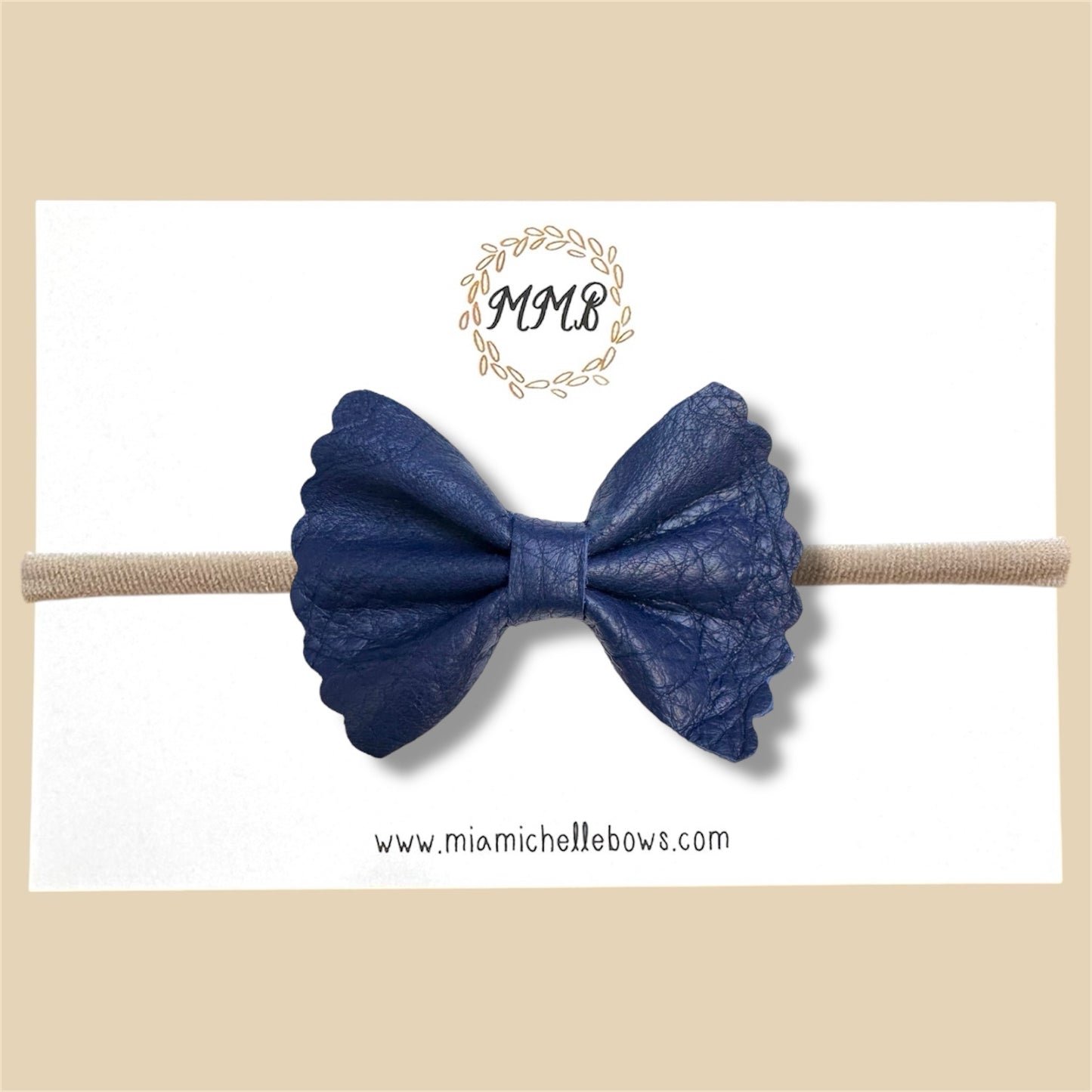 Dark Navy Blue Scalloped Pebbled Genuine Leather Bow