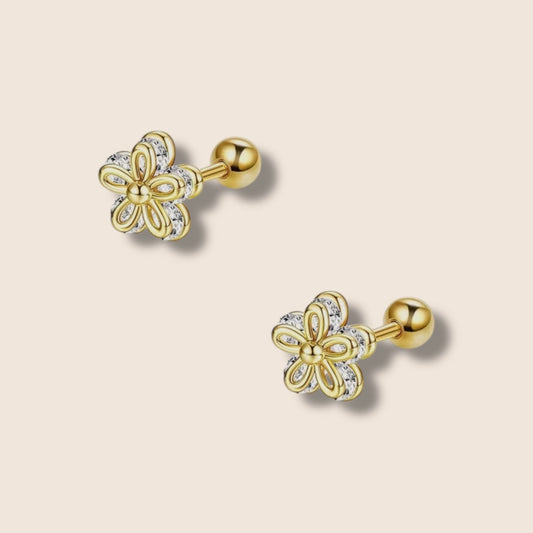 Gold Flower CZ Screw Back Studs