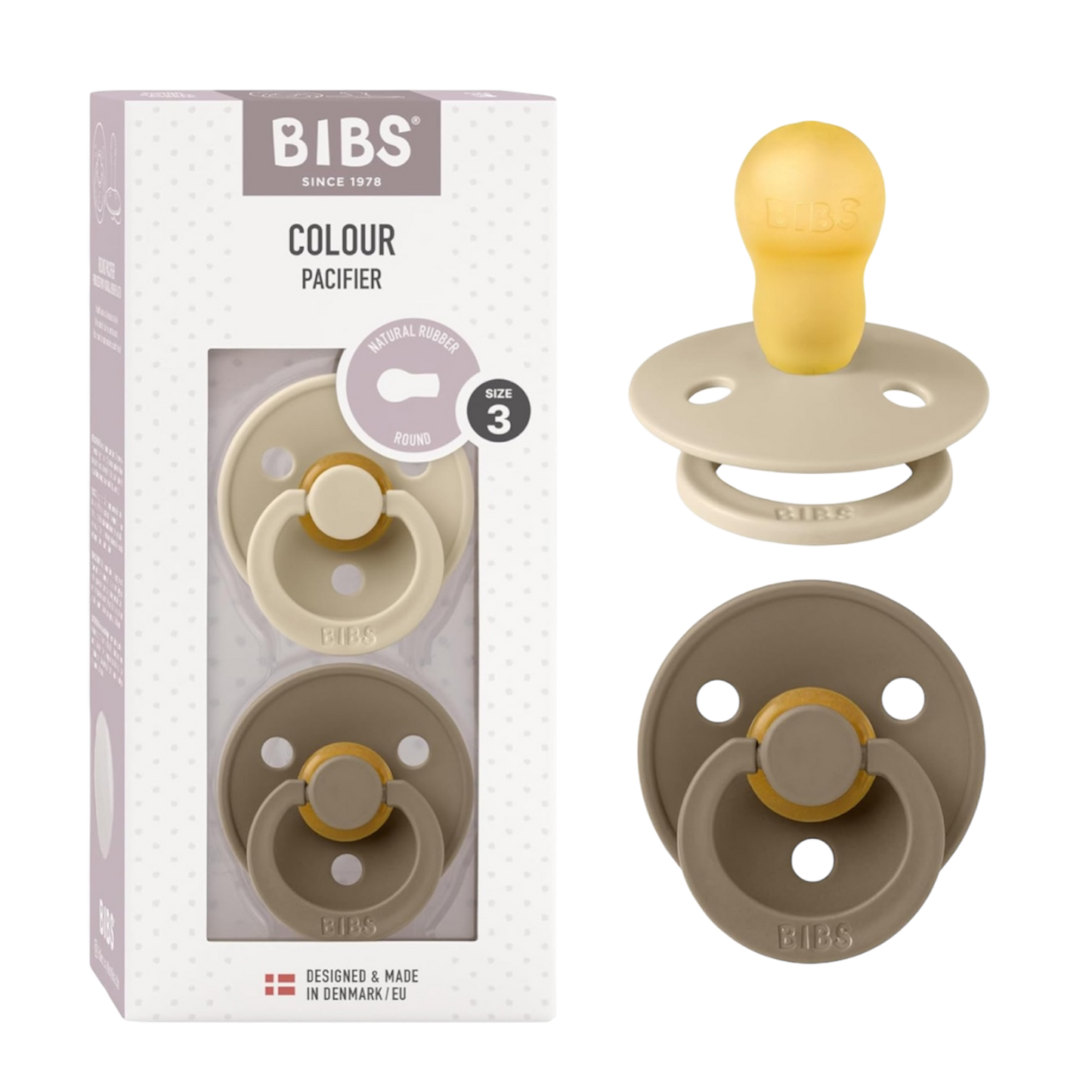 Size 3 Bibs Colour Rubber Pacifier 2 Pack- Vanilla/ Dark Oak
