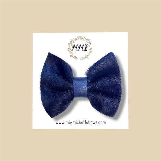 Navy Fur Genuine Leather Bow