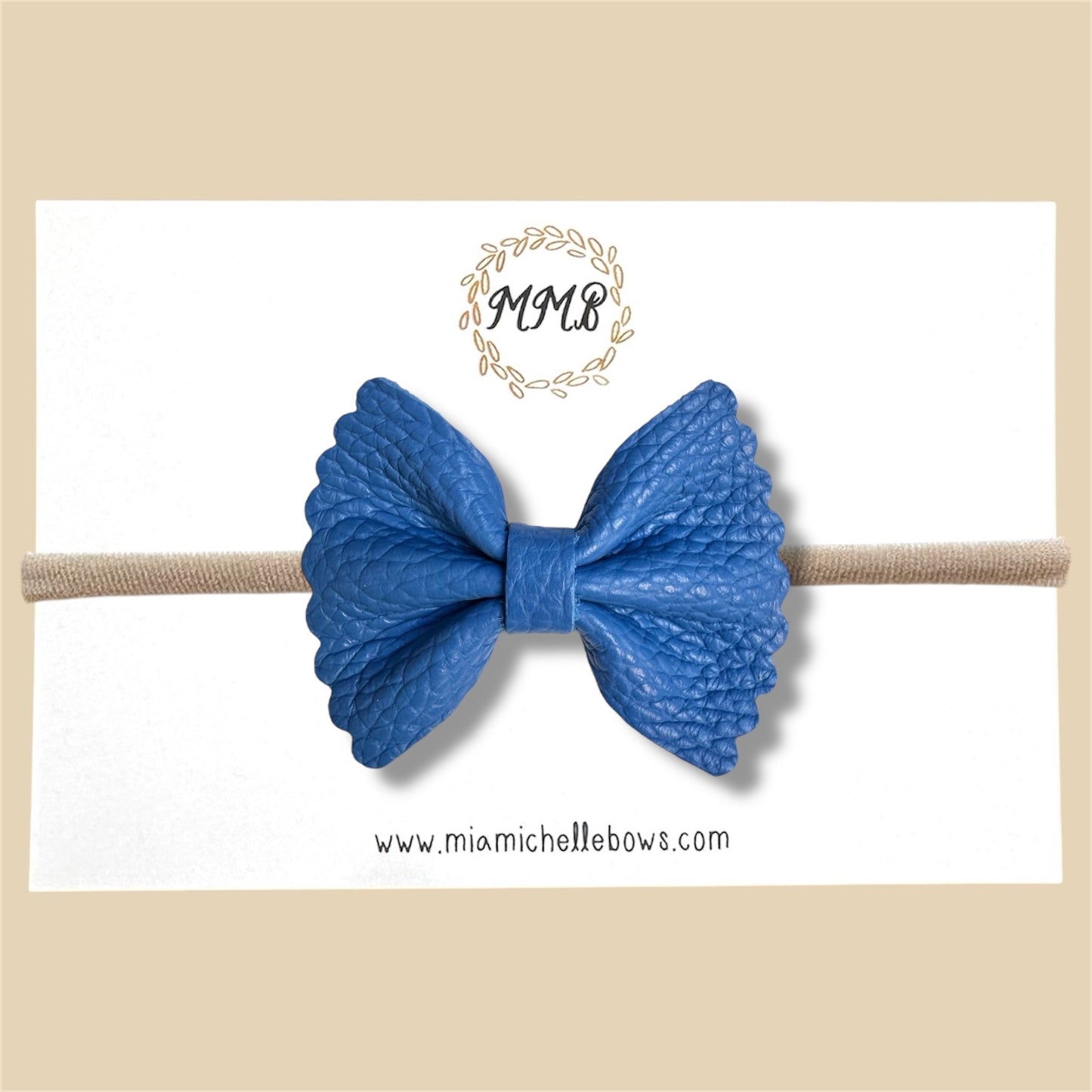 Blue Scalloped Pebbled Genuine Leather Bow