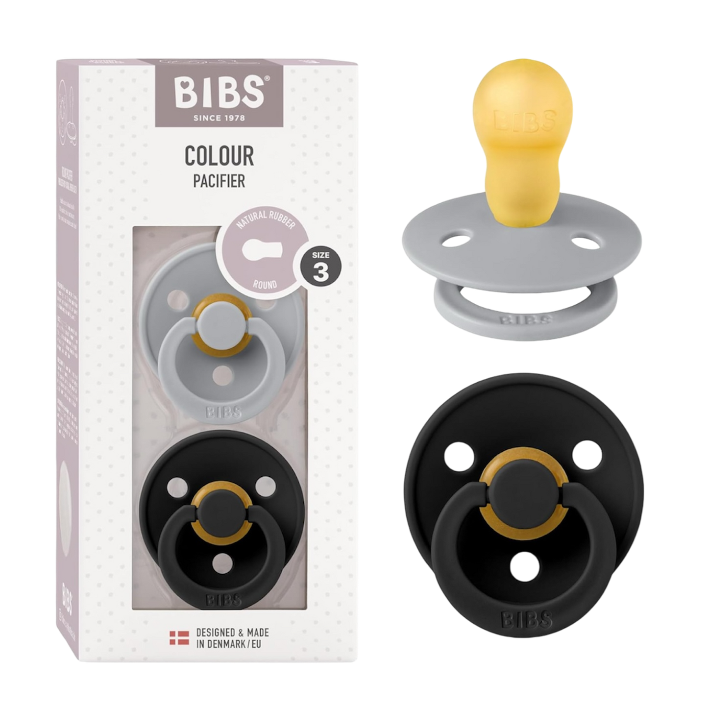 Size 3 Bibs Colour Rubber Pacifier 2 Pack- Cloud/ Black