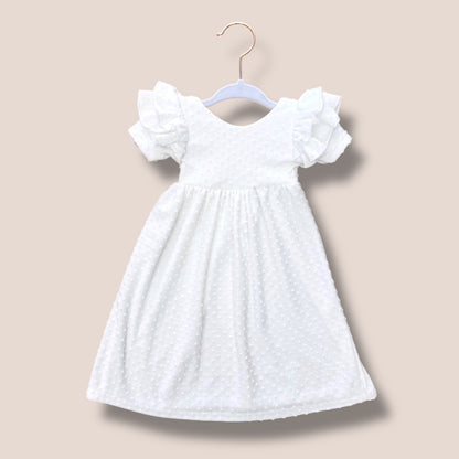 Handmade Full Length White Swiss Dot Blessing Dress & matching bow set