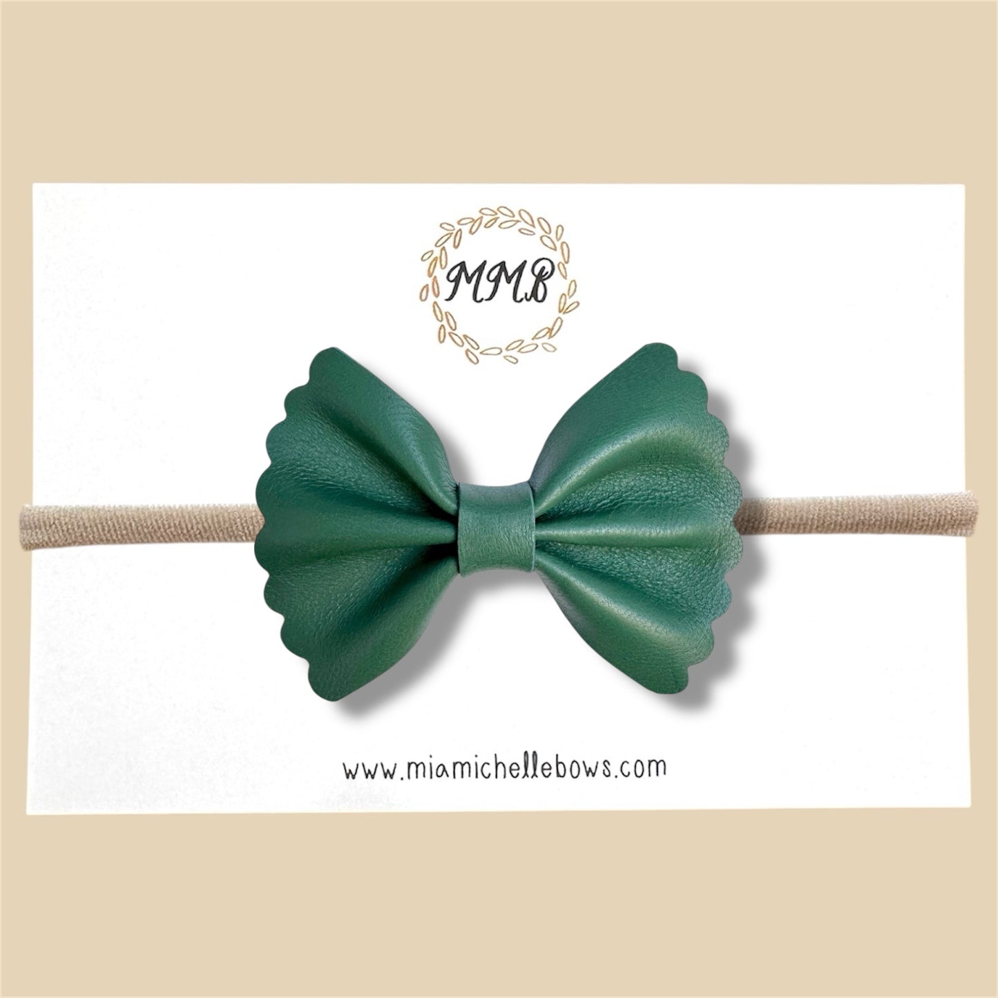 Dark Green Scalloped Genuine Leather Bow
