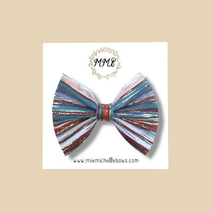 Vintage Teal Striped Vegan Leather Bow
