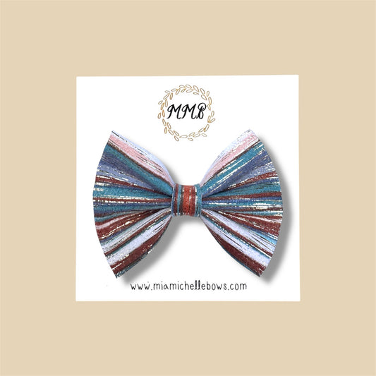 Vintage Teal Striped Vegan Leather Bow