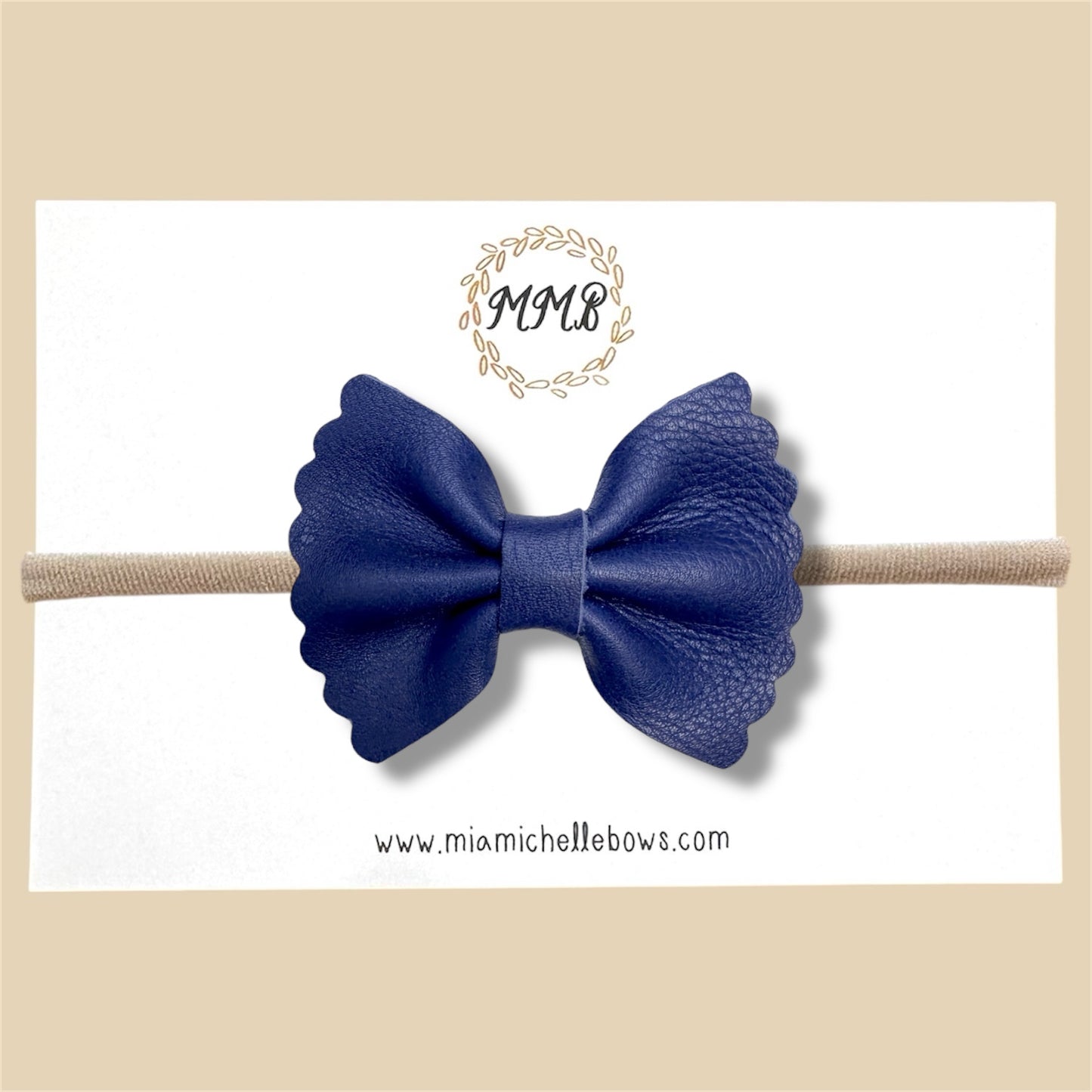 Navy Blue Scalloped Genuine Leather Bow