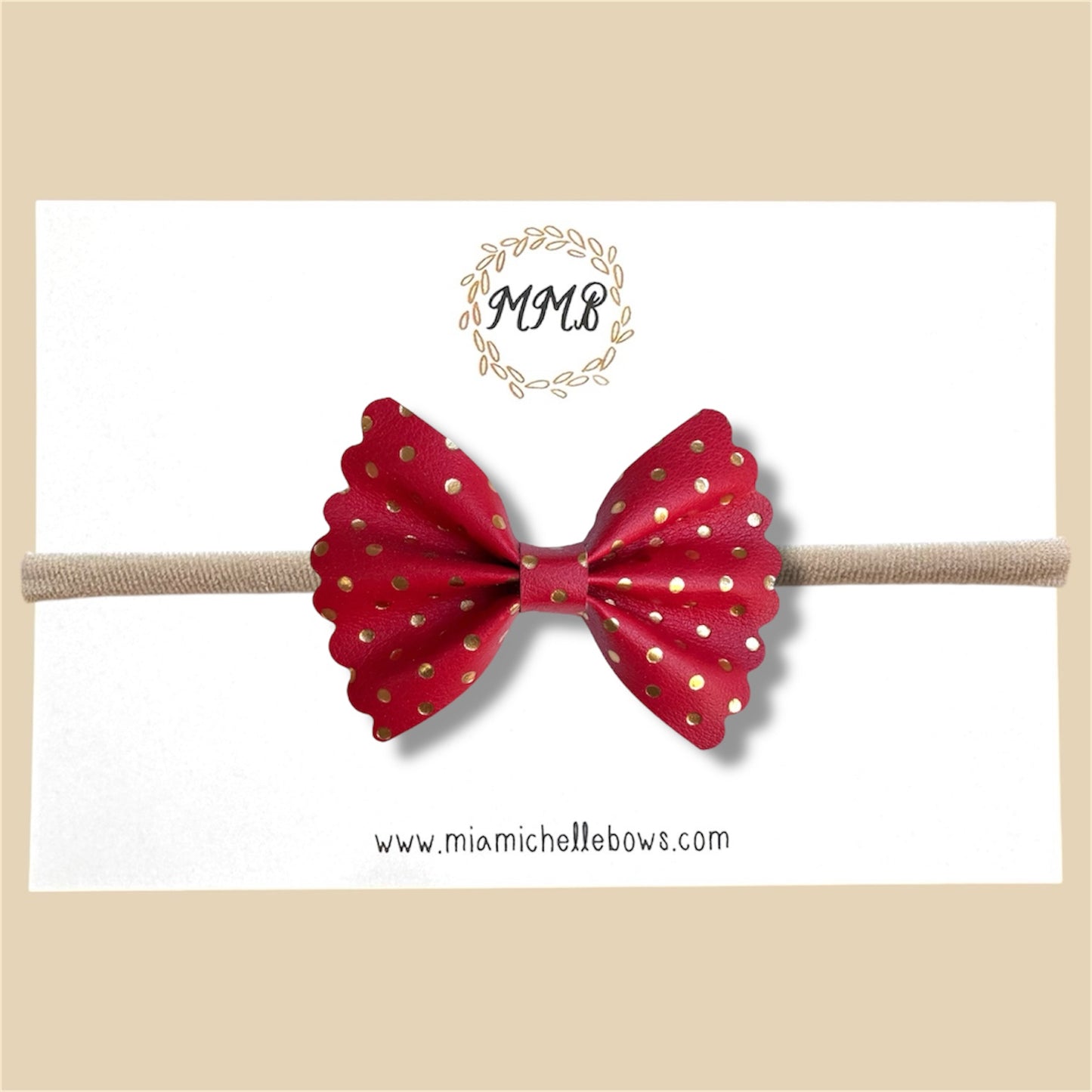 Red & Gold Polkadot Scalloped Vegan Leather Bow