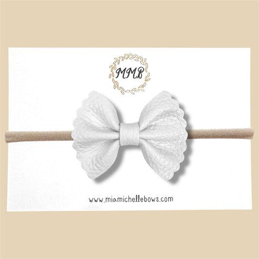 White Pebbled Scalloped Genuine Leather Bow
