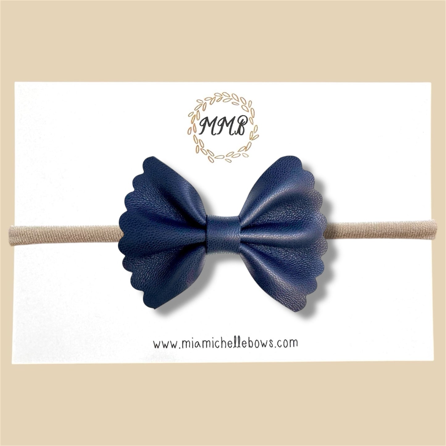 Dark Navy Scalloped Genuine Leather Bow