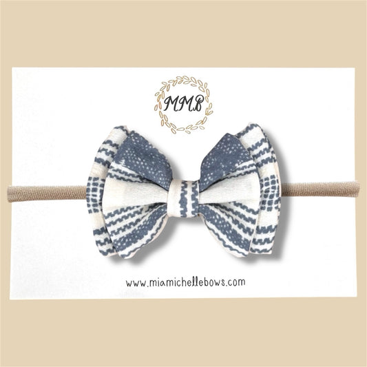 Double Layer Bow in Blue Chiffon Stripe