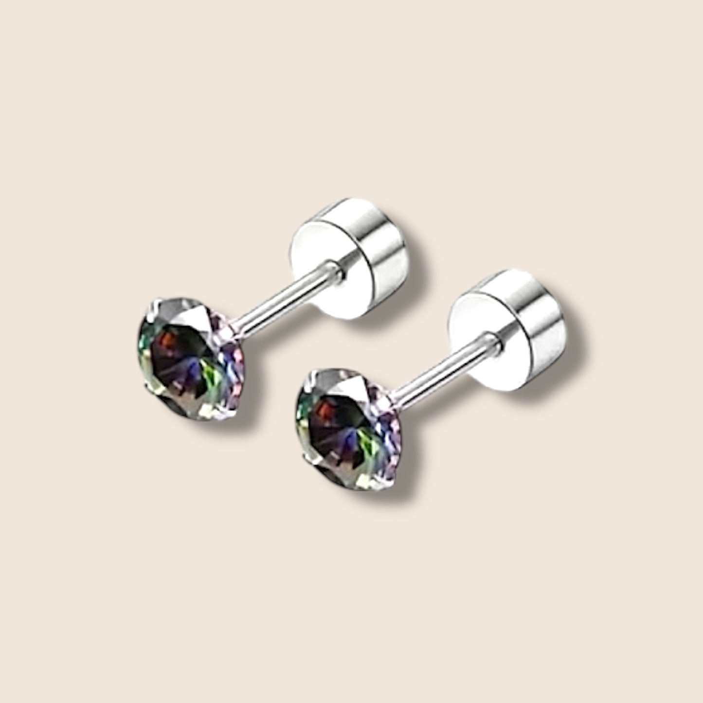 Silver Iridescent Black CZ Flat Screw Back Studs
