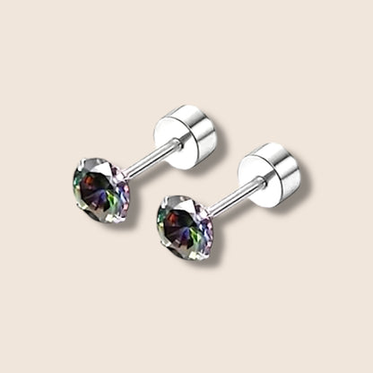 Silver Iridescent Black CZ Flat Screw Back Studs