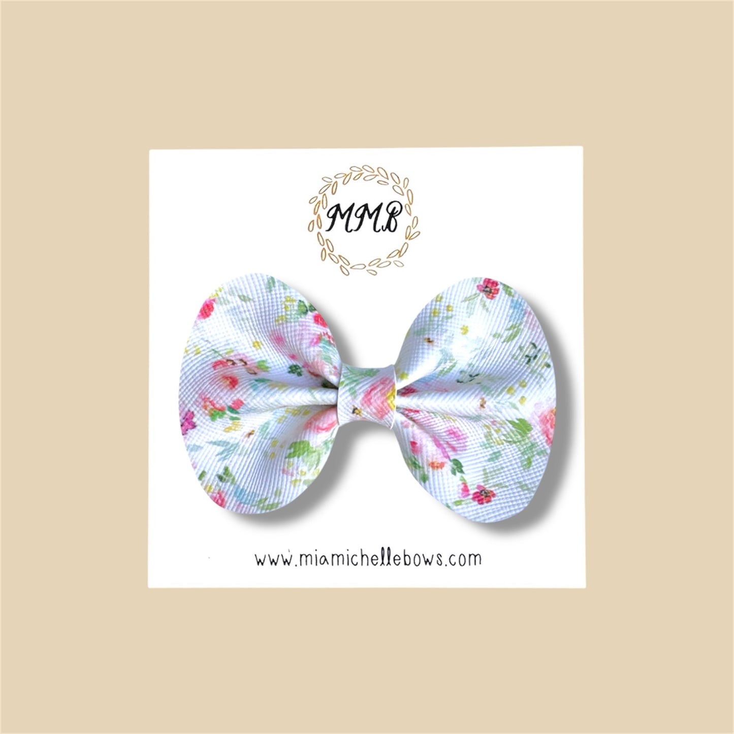 White Floral Vegan Leather Bow