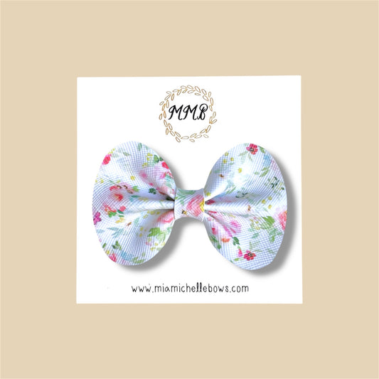 White Floral Vegan Leather Bow