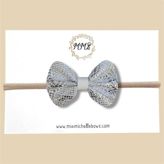 White Snakeskin Vegan Leather Bow