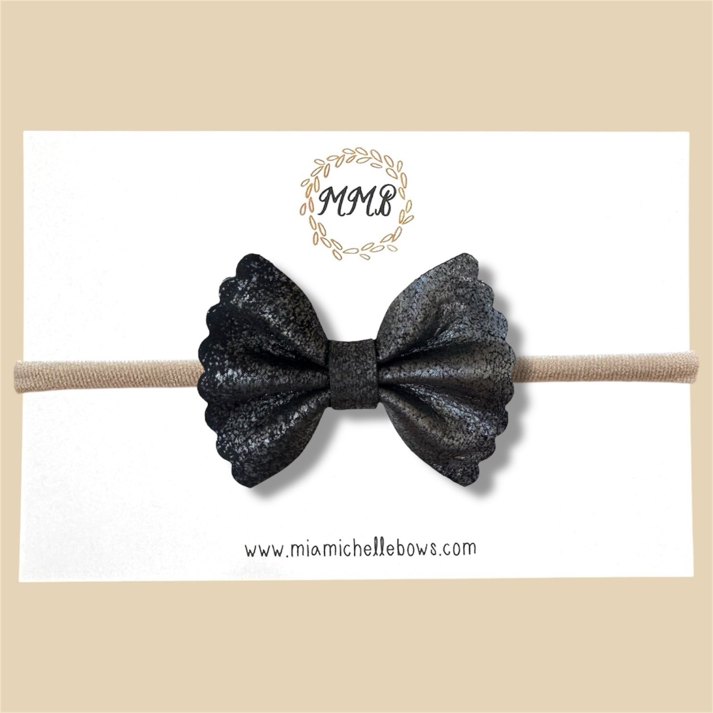 Vintage Black Shimmer Scalloped Genuine Leather Bow