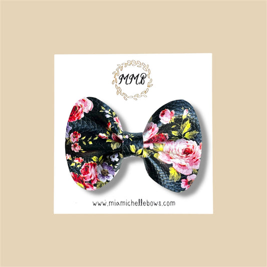 Black Rose Floral Vegan Leather Bow