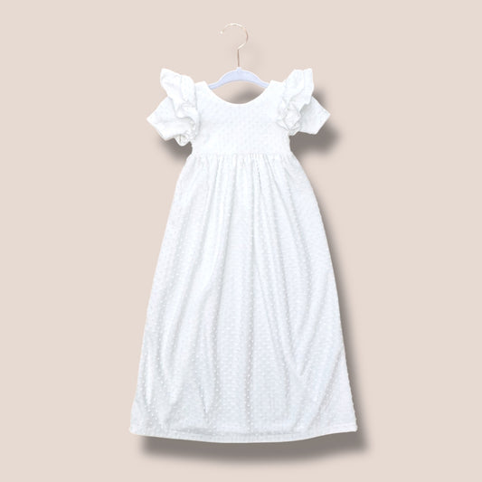 Handmade Full Length White Swiss Dot Blessing Dress & matching bow set