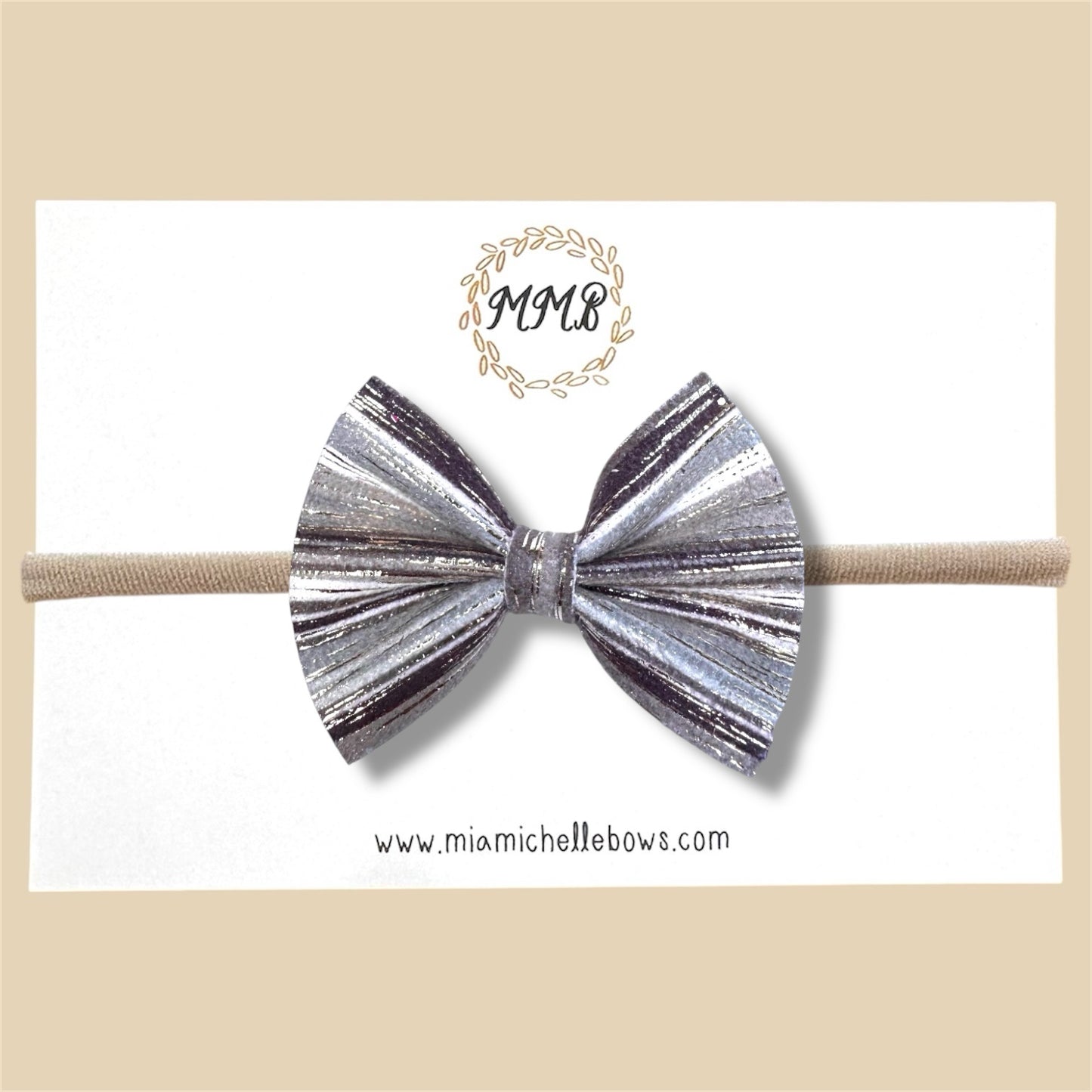Vintage Gray Striped Vegan Leather Bow