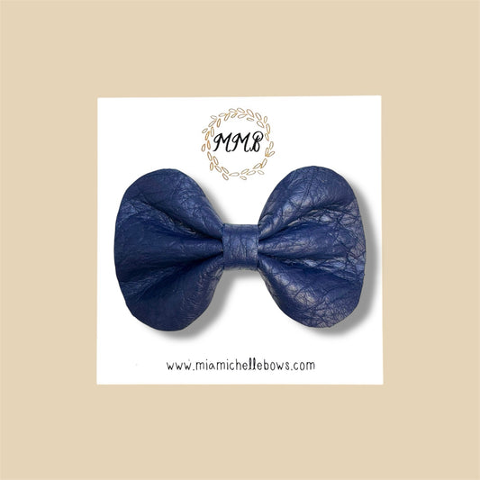 Dark Navy Blue Pebbled Genuine Leather Bow